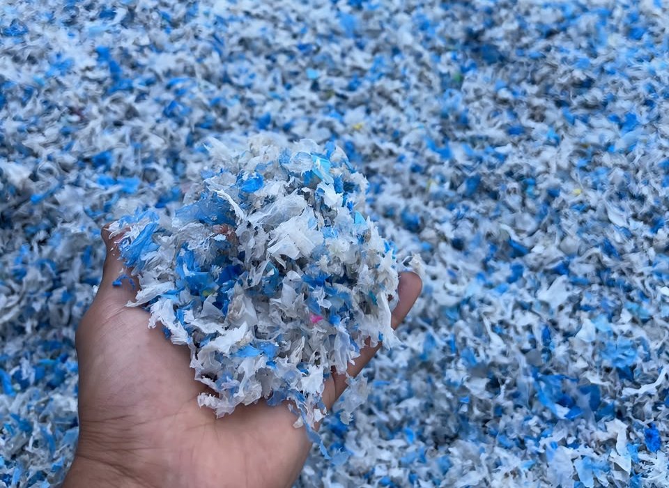 Blue and white recycled plastic flakes in hand